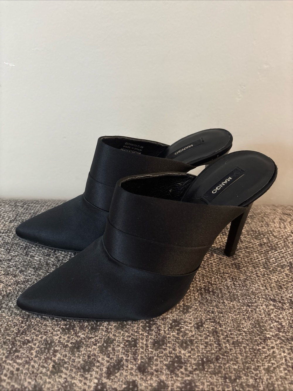 Mango Premium Black Satin Pointed Toe High Heel Mules Spain US Women Sz 6/EU 36
